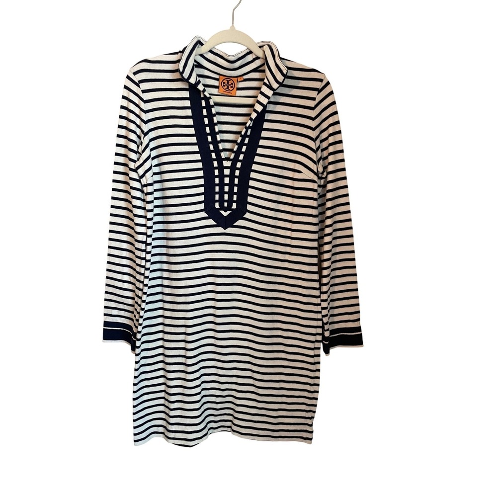 Tory Burch Navy White Striped Cotton Tunic Dress Nautical Size S Long Sleeve